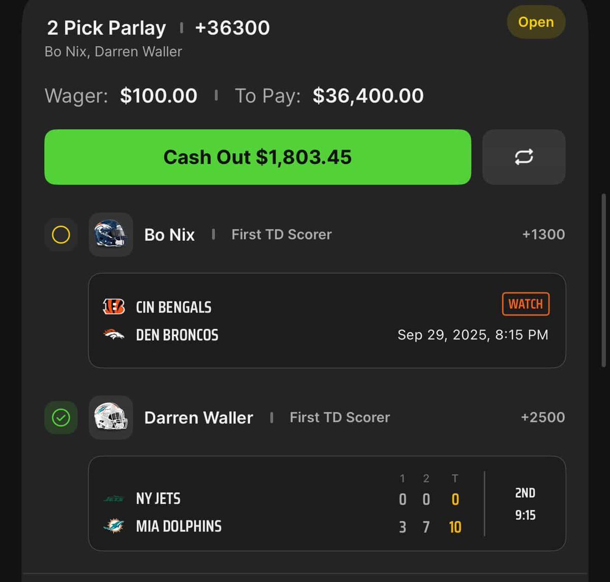 br_betting's tweet photo. THIS WOULD BE THE TICKET OF THE SEASON OMG.

WALLER FIRST TD (+2500) ✅
NIX FIRST TD FOR $36K (+1300) ⁉️

(IG: jakecosgrove5 @DKSportsbook) https://t.co/RsWZEr6yvB