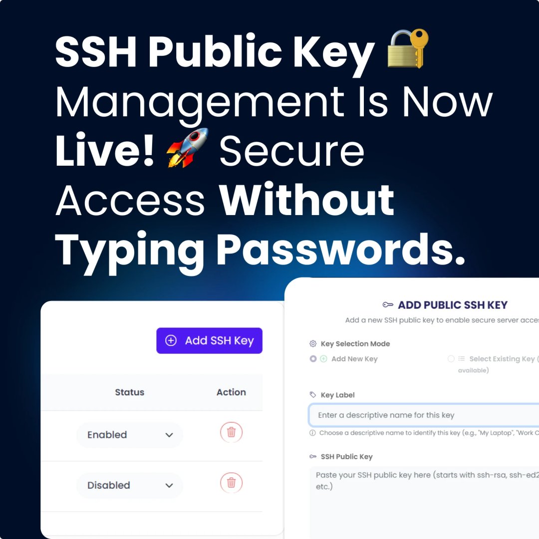 kloudbean's tweet photo. Server security just got simpler. Teams can now manage SSH keys directly from the dashboard - enabling password-free authentication, granular access control, and instant revocation when needed.
Key benefits:

Enhanced security with cryptographic authentication
Individual... https://t.co/c2UL5kRpgf