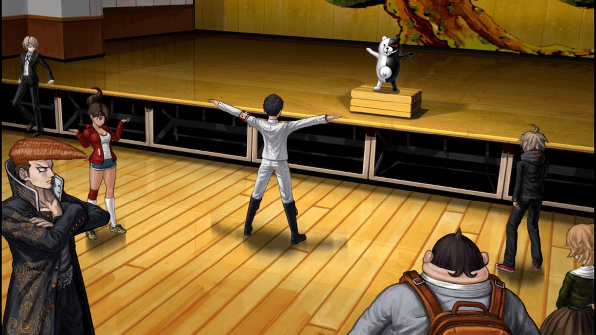ExaltDeliverer's tweet photo. I love how Taka is the only one even bothering to follow along with Monokuma's training. https://t.co/rwJeEIfPix