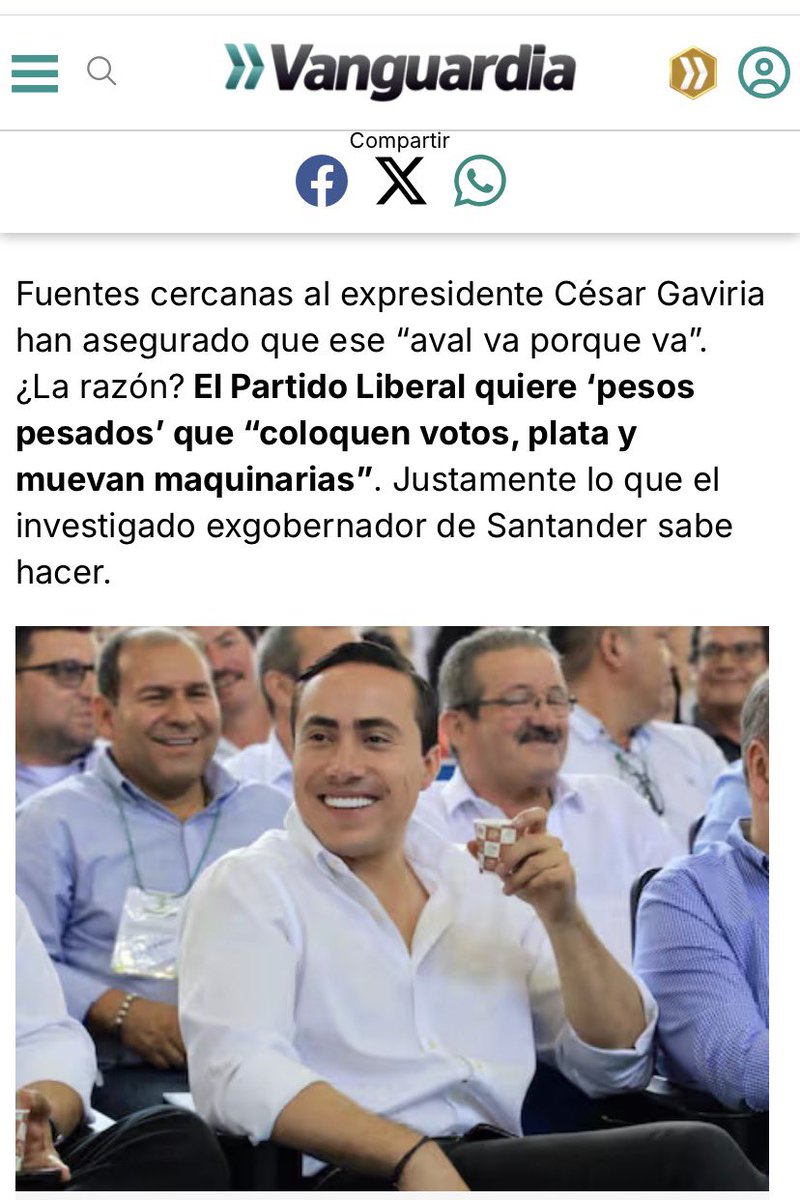 No lo digo yo lo dice <a href="/vanguardiacom/">Vanguardia</a> el <a href="/PartidoLiberal/">Partido Liberal</a> no le importa si son investigados solo que tengan $$$ no importa de donde venga <a href="/CesarGaviriaOf/">César Gaviria</a> y su amiguito <a href="/MiguelSanchezVz/">MIGUEL ANGEL SANCHEZ 🇮🇱 🇵🇸</a> quiere acabar con el partido en Santander <a href="/CorteSupremaJ/">Corte Suprema de Justicia</a> <a href="/FiscaliaCol/">Fiscalía Colombia</a> <a href="/CaracolBga/">Caracol Bucaramanga</a> <a href="/Socrates1948/">Sócrates Serrano Puyana.</a>