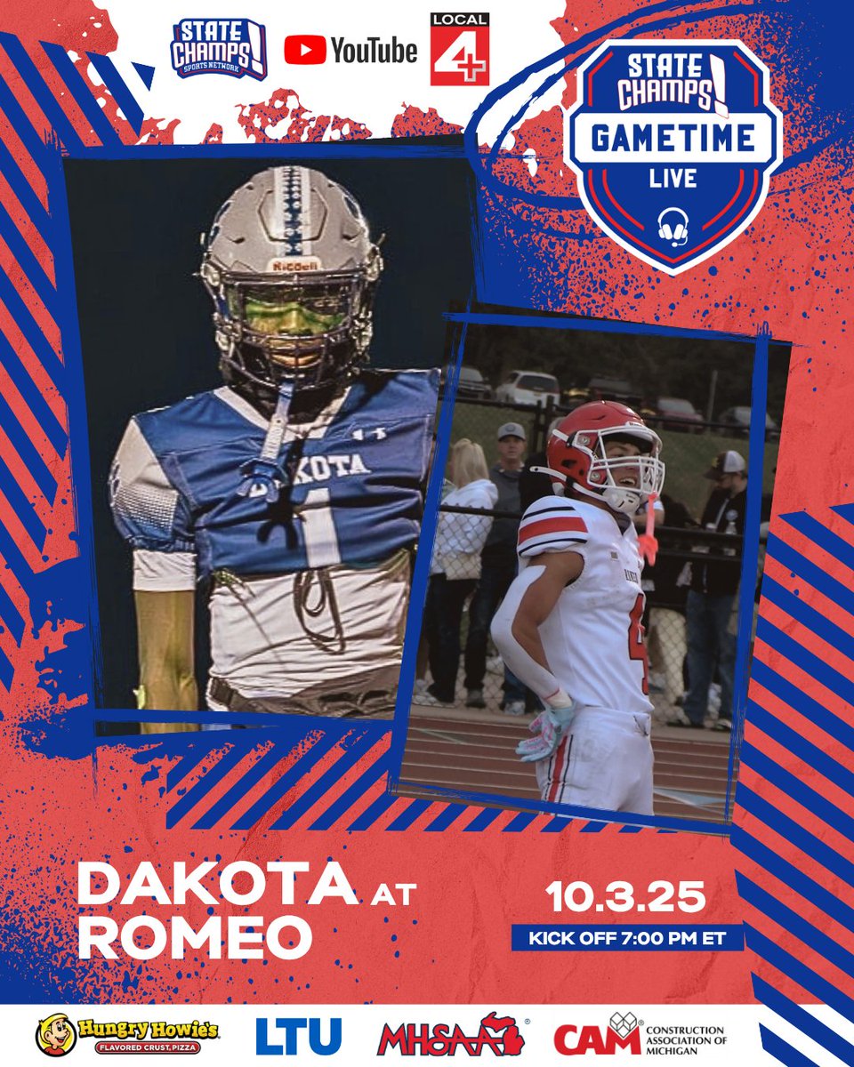 🔥 THE FANS HAVE SPOKEN 🔥 STATE CHAMPS! Gametime Live is heading back to the MAC Red!

Macomb Dakota at Romeo
📅 Friday, October 3rd
⏰ 7:00 PM
📺 LIVE on the STATE CHAMPS! YouTube Page &amp; @local4news +
youtube.com/live/lTbhD-7lF…

Who’s ready for a MAC Red showdown under the lights?