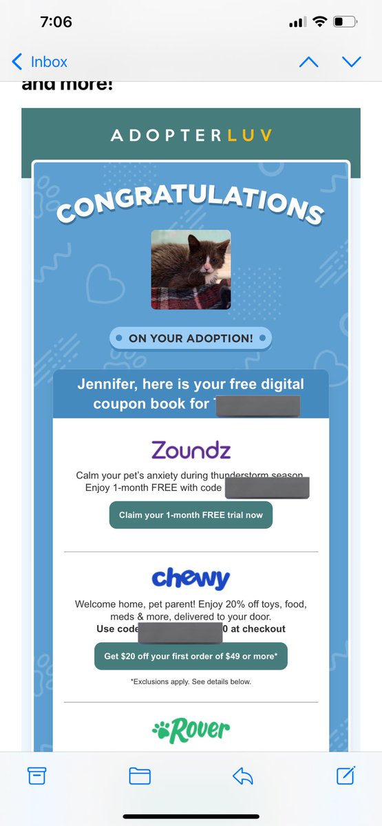 estrojen007's tweet photo. @Chewy 
Adopted a kitten Saturday and received an online coupon book including 20% off my Chewy purchase. 

The app is giving basic promo $20 off my purchase of $49+ instead when I use the code. 

Why is a discount being offered that won't be honored? https://t.co/GxuvjRTf7m
