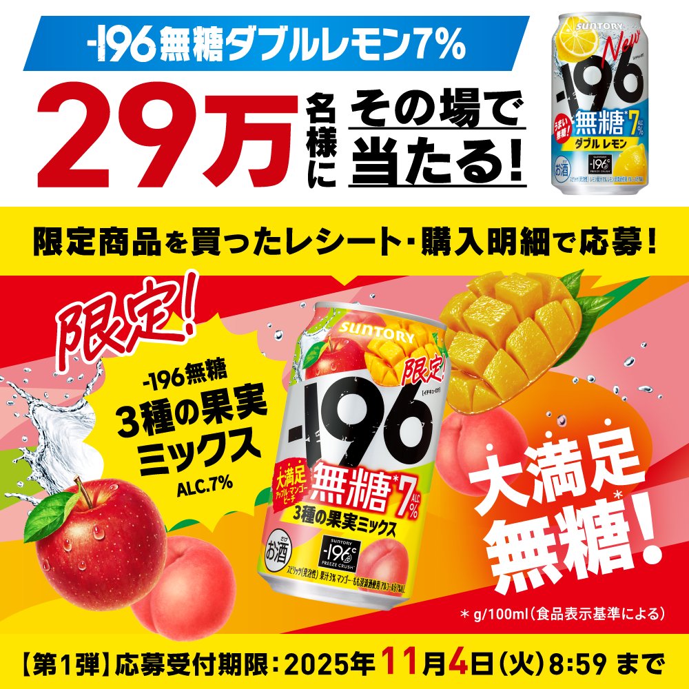 196大満足無糖限定品を買って ダブルレモンが当たる！キャンペーン実施