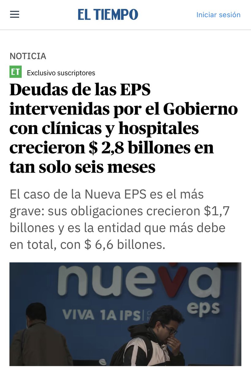 🚨Las cifras hablan por sí solas: EPS intervenidas por el Gobierno Petro ya adeudan a hospitales y clínicas $12,8 billones, sus obligaciones con esas IPS aumentaron $3,7 billones en los primeros seis meses del año.

🏥El caso más grave es el de Nueva EPS, entre diciembre de 2024