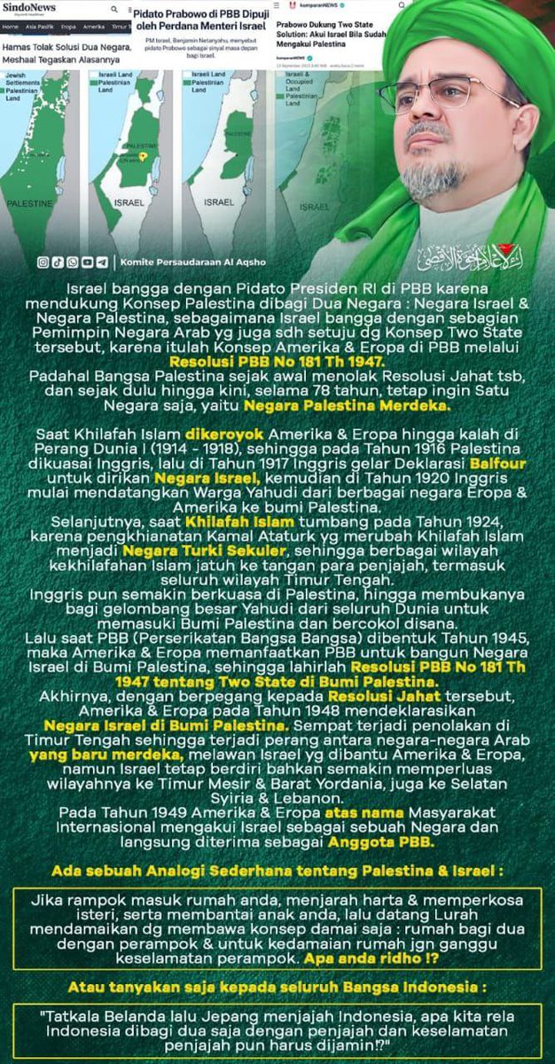 Ada sebuah Analogi Sederhana tentang Palestina &amp; Israel:

Jika rampok masuk rumah anda, menjarah harta &amp; memperkosa isteri, serta membantai anak anda, lalu datang Lurah mendamaikan dg membawa konsep damai saja: rumah bagi dua dengan perampok &amp; untuk kedamaian rumah jgn ganggu