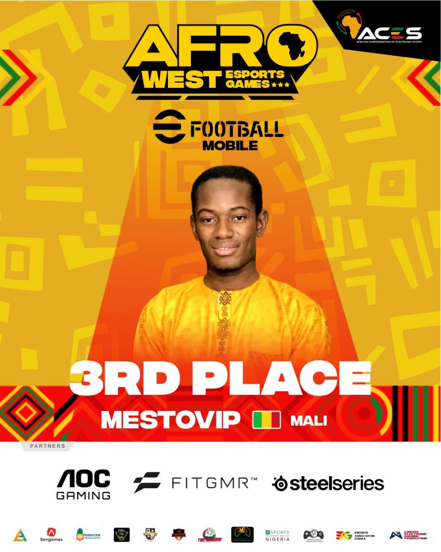 Toutes nos félicitations à Momogaming Champion EFootball Mobile de 🥳🎉🇸🇳🙌🏾 #AfroWestEsport tournoi avec 12 pays de l'Afrique de l'ouest, organisé par la confédération <a href="/africonesports/">African Confederation of Electronic Sports</a> 
1er titre continental pour le 🇸🇳 sur le jeu 
Bravo <a href="/esportsGhana/">ESPORTS GHANA</a> 🥈
Bravo <a href="/maliesports223/">Mali Esports</a> 🥉