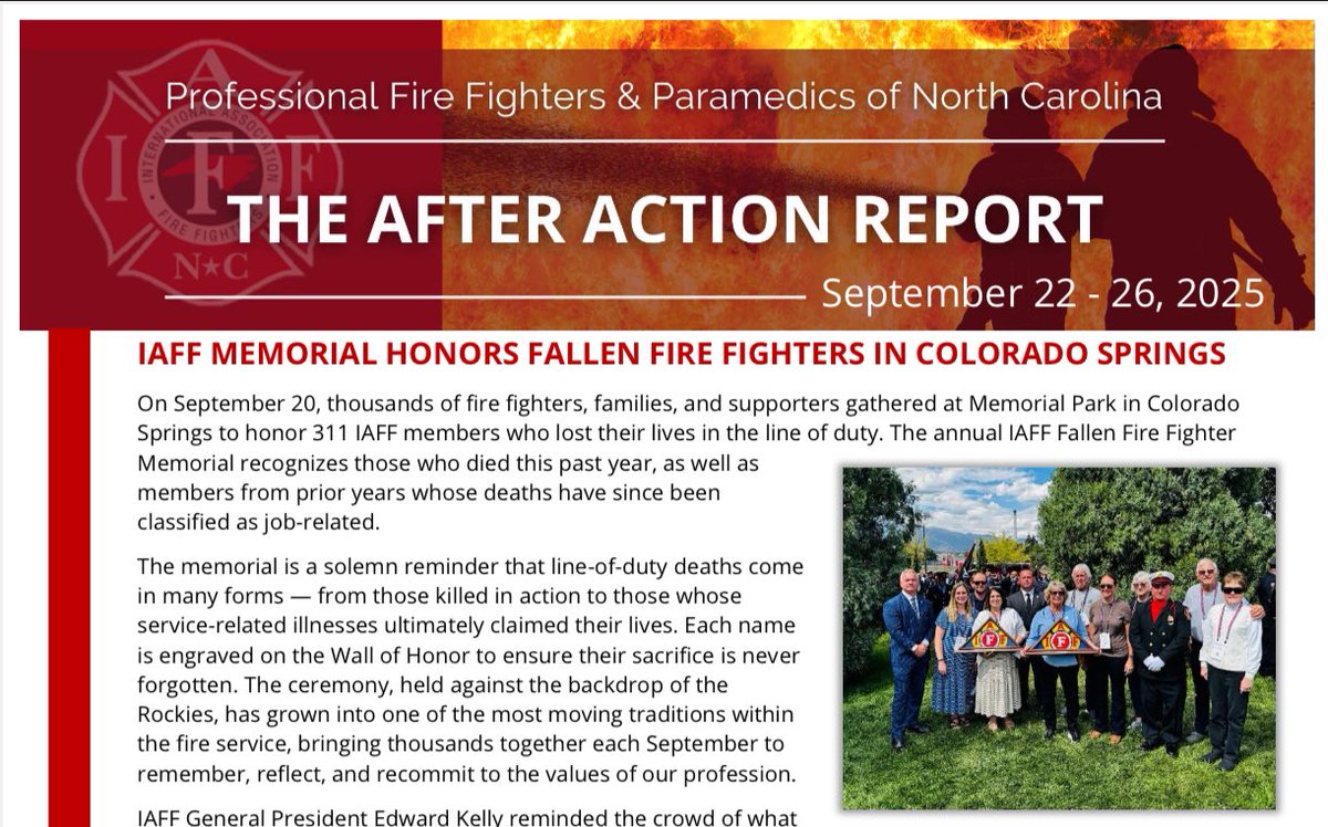 The PFFPNC newsletter for 9/22-26 is now posted &amp; includes a report on the IAFF Fallen Fire Fighter Memorial, held 9/20 in Colorado Springs, where 311 members were honored for their ultimate sacrifice. 
🔗 pffpnc.org/newsletters/