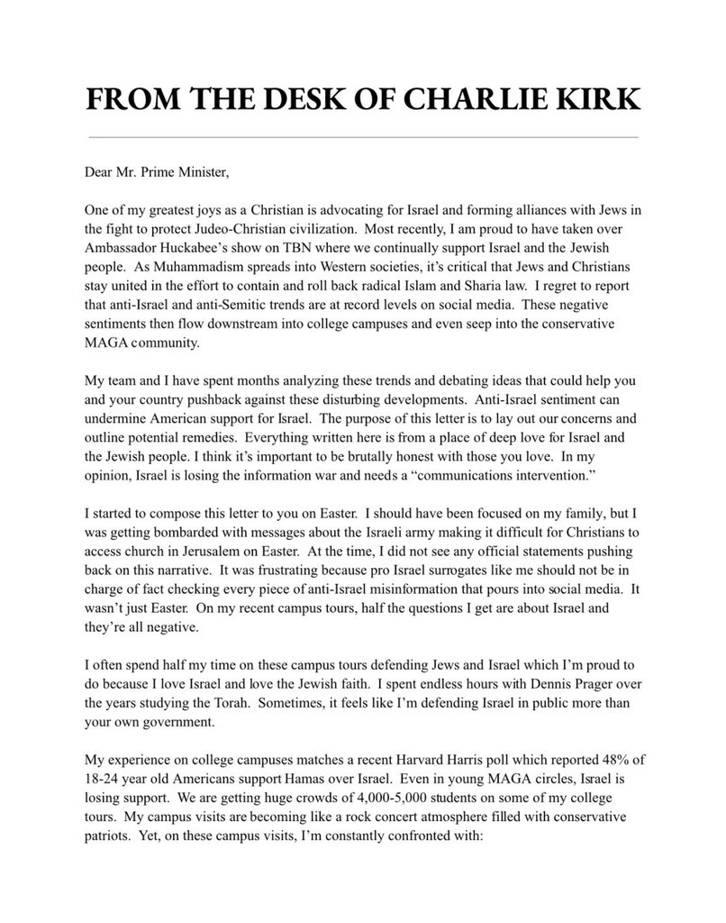 ShaykhSulaiman's tweet photo. JUST IN: CHARLIE KIRK’S LETTER TO BENJAMIN NETANYAHU REVEALED https://t.co/Gkln80ATVx