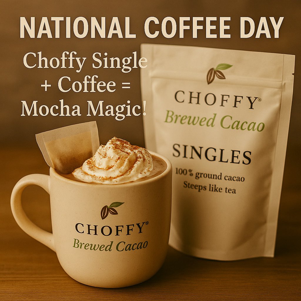 ☕🍫 Happy National Coffee Day! There’s no better way to celebrate than with a little Mocha Magic. ✨
All it takes is: ➡️ 1 Choffy Single ➡️ Your favorite coffee ➡️ A splash of cream &amp; sweetness

👉 Visit Choffy.com promo code Autumn25 for a surprise
#BrewedCacao