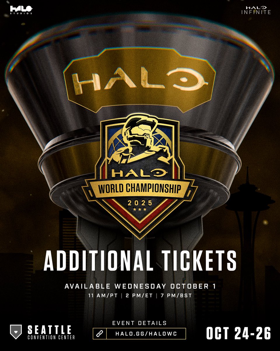 Halo Esports (@hcs) on Twitter photo 🚨 Heads up!
The FINAL batch of #HaloWC tickets will go on sale Wednesday October 1 at 11:00 AM/PT 🎟️
This will be your LAST CHANCE to secure tickets, they WILL NOT be available at the door! 🚨 Heads up!
The FINAL batch of #HaloWC tickets will go on sale Wednesday October 1 at 11:00 AM/PT 🎟️
This will be your LAST CHANCE to secure tickets, they WILL NOT be available at the door!
