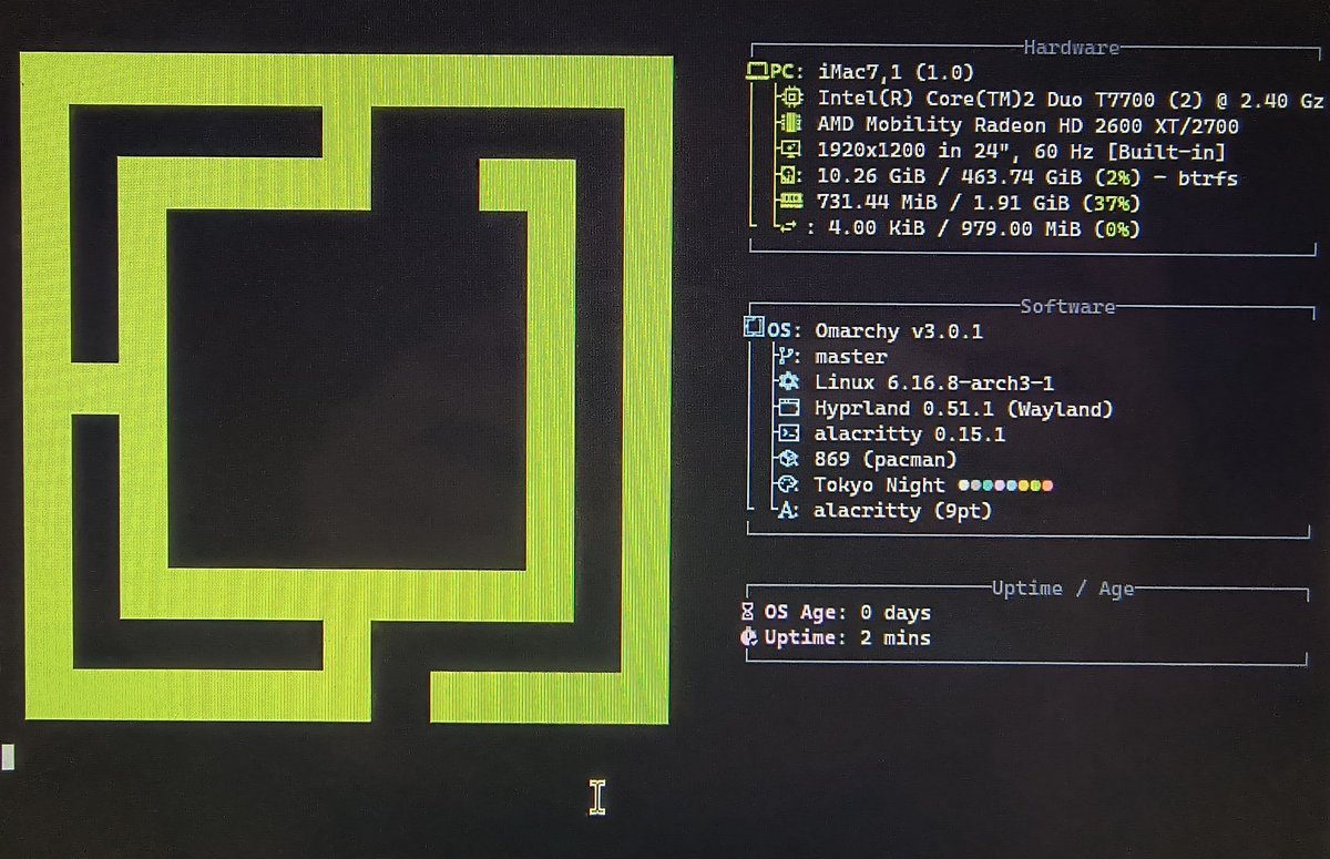 houseofbean's tweet photo. I installed #Omarchy on an old iMac.   Different than what I'm used to with #Ubuntu, but I like it. Now to add more RAM and read the manual. I stand with @dhh  Thank you!! https://t.co/0K6Jz4XSKH