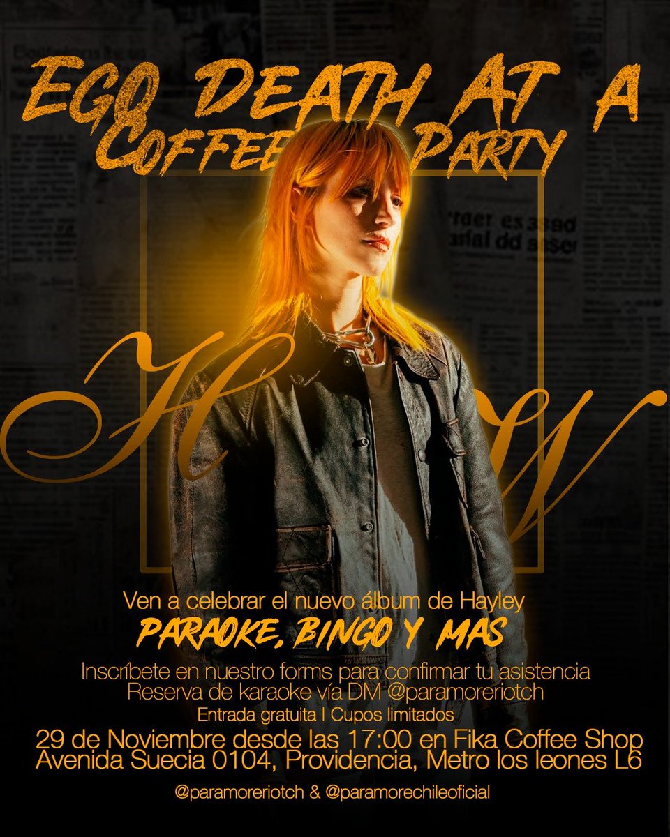 Te invitamos a nuestra Ego Death At At Coffee Party 🌟 El sábado 29 de noviembre, desde las 17 hrs. en Fika Coffee Shop (Av. Suecia #0104). Habrá paraoke, bingo, regalos y sorpresas. Te esperamos 💛

Formulario de inscripción: forms.gle/XhWtbBmfqd2nYu…