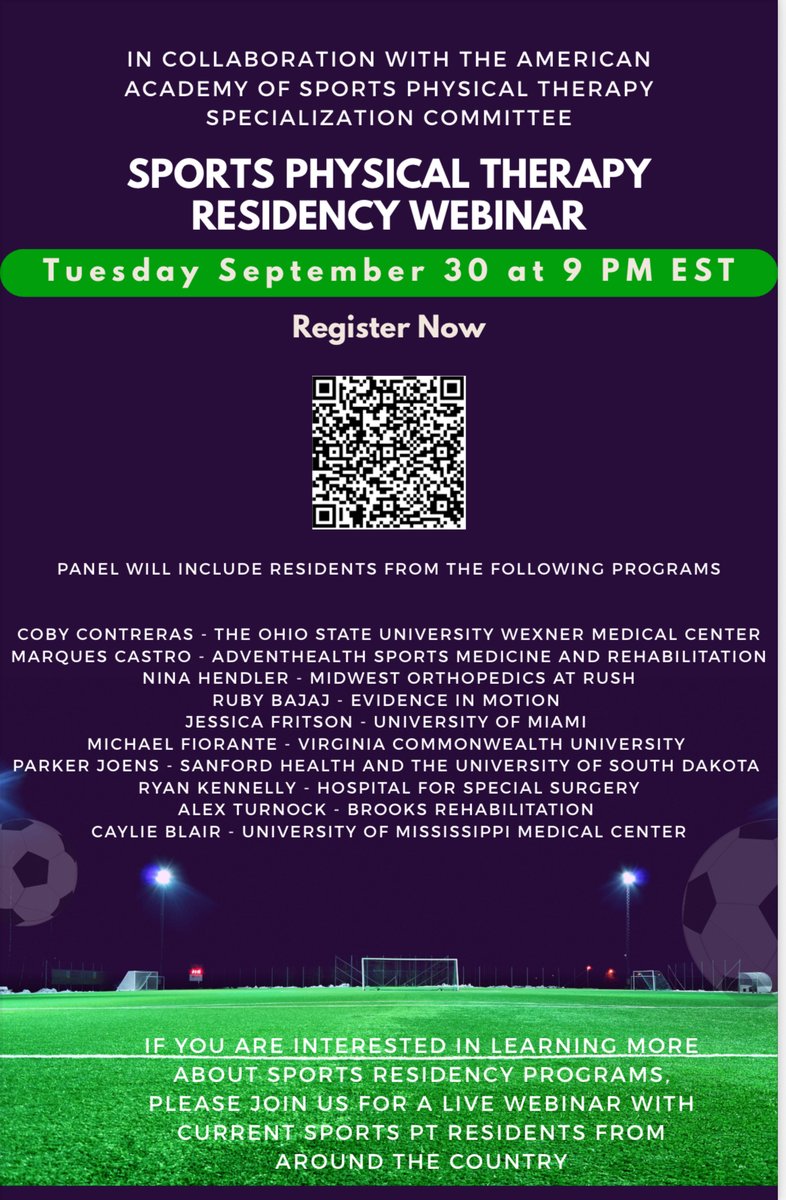 🚨🚨🚨

Interested in learning more about Sports PT Residency? ⚽️🏀🏈⚾️🥎🎾

The <a href="/aaspt_apta/">American Academy of Sports Physical Therapy</a> <a href="/AASPTSpecialize/">AASPT Specialization Committee</a> is hosting our annual sports PT residency webinar tomorrow 9/30 @ 9pm EST.

QR code in the flier or the link below to register. ✍️💻

tinyurl.com/4ery4xev