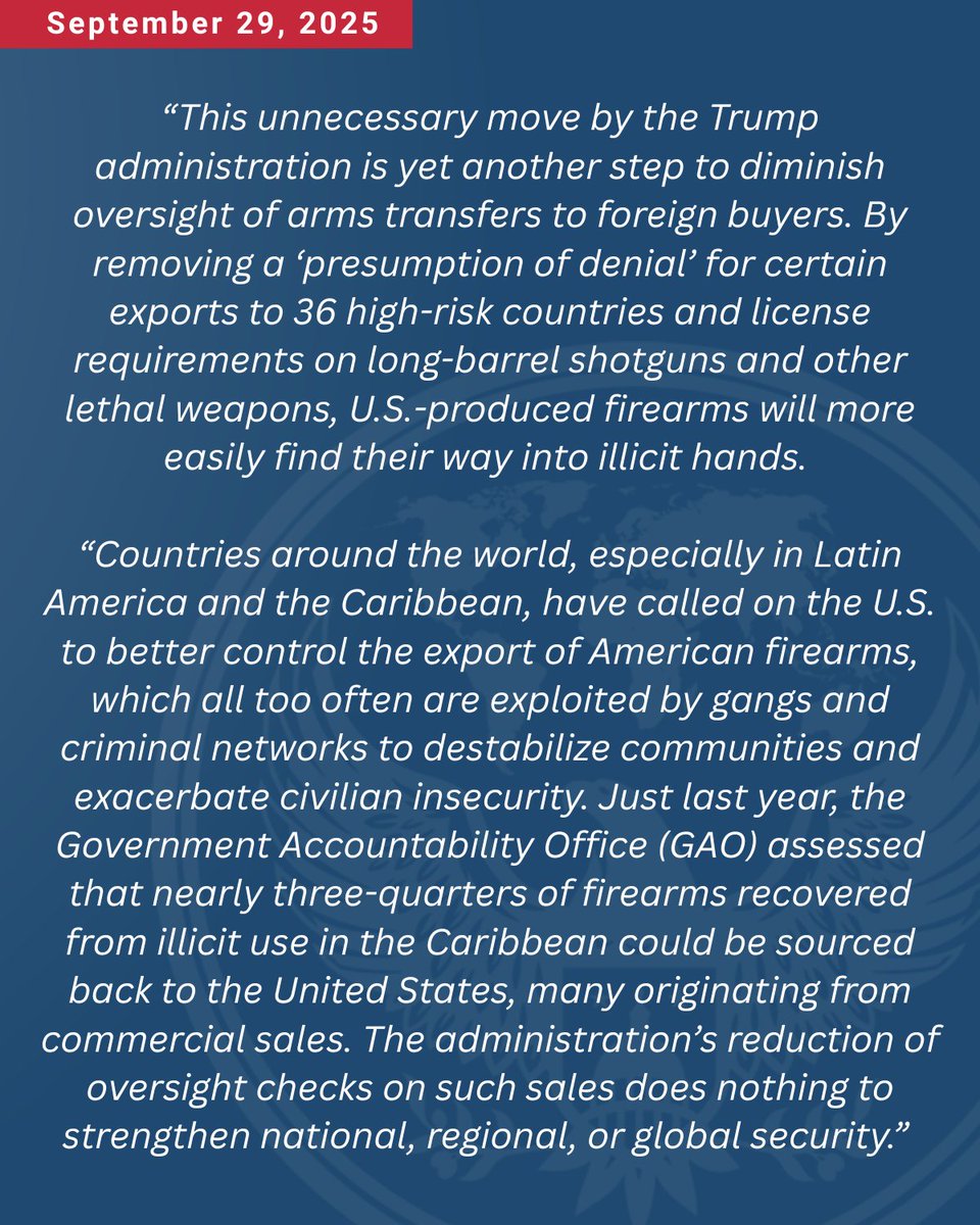 HouseForeign's tweet image. Ranking Member @RepGregoryMeeks' statement on the Trump administration rescinding a firearms export rule initially issued by the Biden administration, which instituted improved controls on firearms, ammunition, and components to foreign buyers.