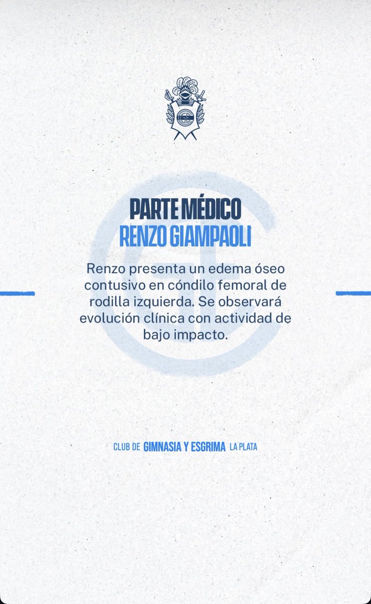 #GELP se confirmó la rotura de ligamentos cruzados de Facundo Di Biasi, en tanto que Renzo Giampaoli sufrió un edema óseo contusivo en el cóndillo femoral de la rodilla izquierda