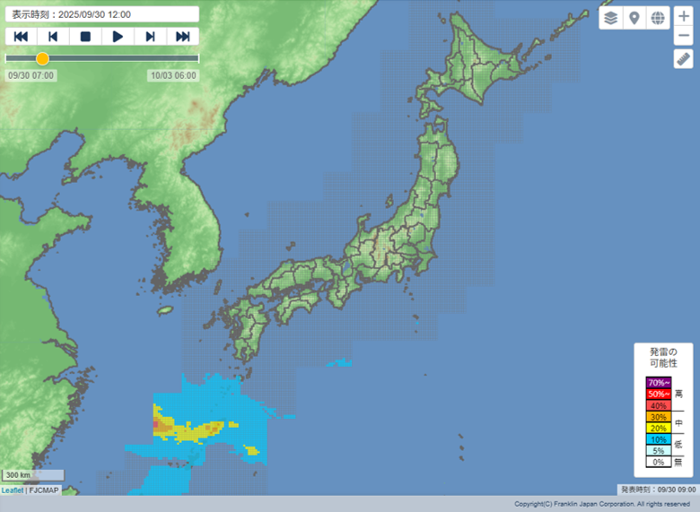 Franklin_Japan's tweet image. 【9月30日　雷予想⚡】 
今日は、南西諸島の一部地域で、発雷の可能性が高まっています。ご注意ください。 
※下図は、発雷確率を色分けしてマップ上に表示しています。