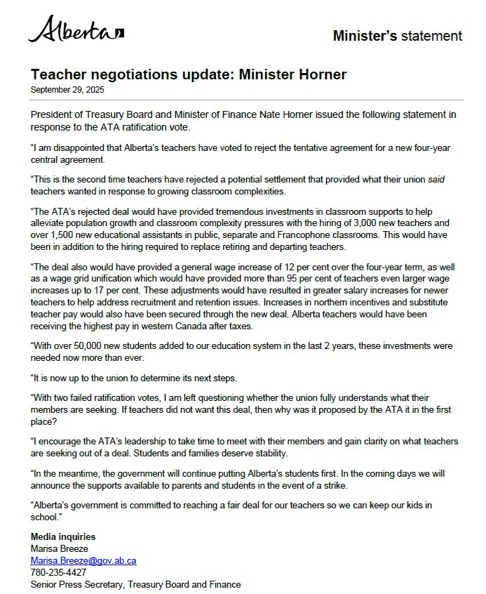 NateHornerAB's tweet image. “I am disappointed that Alberta’s teachers have voted to reject the tentative agreement for a new four-year central agreement.

“This is the second time teachers have rejected a potential settlement that provided what their union said teachers wanted in response to growing…