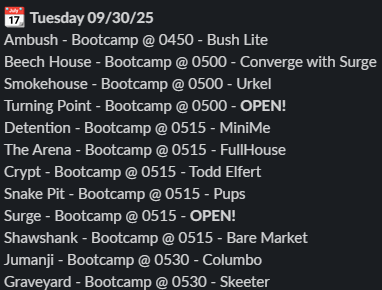 Your Tuesday Qs! 

<a href="/F3BeechHouse/">BeechHouse</a> converges with <a href="/F3Surge/">F3 Surge</a>. <a href="/F3Arena/">F3- The Arena</a> celebrates 8 years of accelerating men's Fitness, Fellowship and Faith. <a href="/Fapdblueline/">Russ Shumard</a> honors the legacy of an office who has fallen in the line of duty. 

Get out there and post PAX.