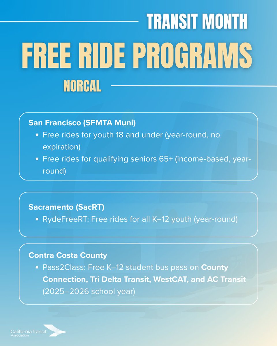 CalTransit's tweet image. Final days of #transitmonth! Let’s finish strong by supporting our industry. Celebrate by seeing where transit can take you and take advantage of free ride programs for youth and seniors offered year-round.