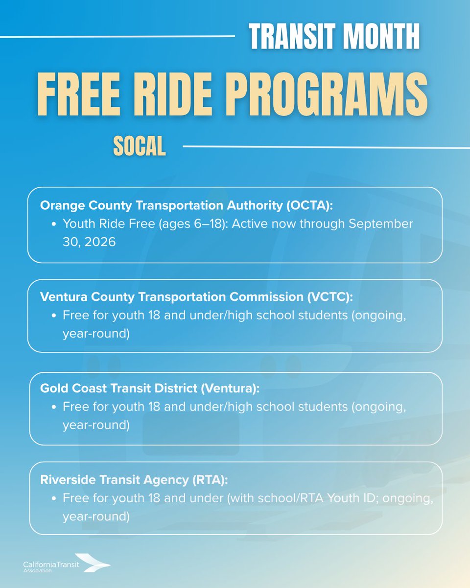 CalTransit's tweet image. Final days of #transitmonth! Let’s finish strong by supporting our industry. Celebrate by seeing where transit can take you and take advantage of free ride programs for youth and seniors offered year-round.
