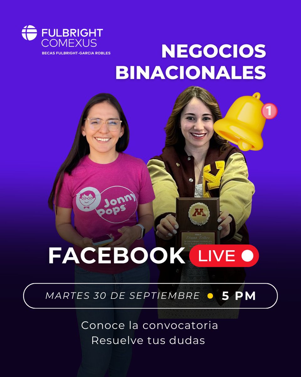 Comexus's tweet image. 🚨 ¡Mañana!
¿Quieres adquirir experiencia profesional en EE.UU.?

Conéctate a nuestro Facebook Live sobre la Beca Fulbright-García Robles de Negocios Binacionales.

🗓️ 30 sept | 🕔 5:00 p.m.
🔗facebook.com/COMEXUSFulbrig…

#BecaFulbrightGR #NegociosBinacionales #COMEXUS