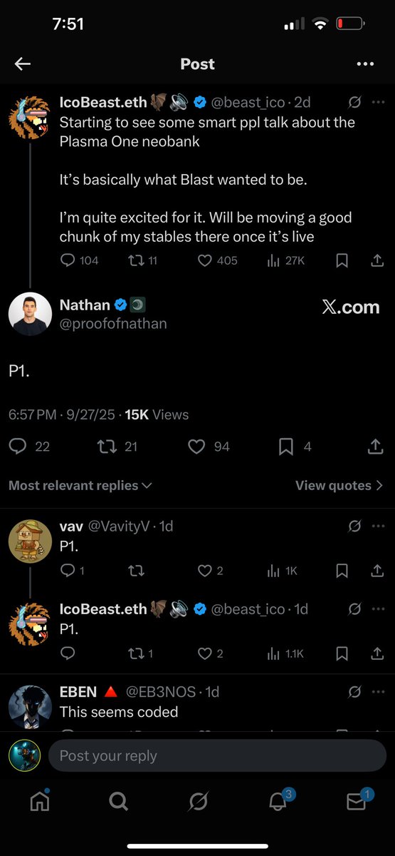NickPlaysCrypto's tweet image. Why $P1…?
Well for starters @Plasma literally has a major major product coming out called “Plasma One”
Where did the meme come from? From @proofofnathan commenting “P1” on an @beast_ico post
It is one of the first meme coins on Plasma and the distribution is not bad at all.…