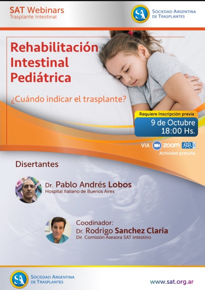 La <a href="/satxarg/">SAT</a> invita a participar del webinar "Rehabilitacion intestinal pediatrica ¿Cuando indicar el Trasplante? El jueves 9 de Octubre a las 18 hs (Argentina).
Dicho evento es gratuito y requiere de inscripcion previa en: 
cognitoforms.com/SociedadArgent…

Los esperamos!