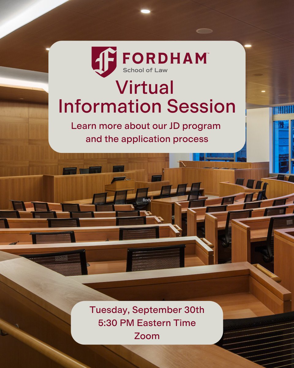 There’s still time to sign up for tomorrow’s virtual information session! Join Chase Prasad, Assistant Director of JD Admissions, for an overview of the JD program and the application process.  Link in our bio to register! 
#FordhamLaw #NYC #LawSchool #FutureFordhamLawyers