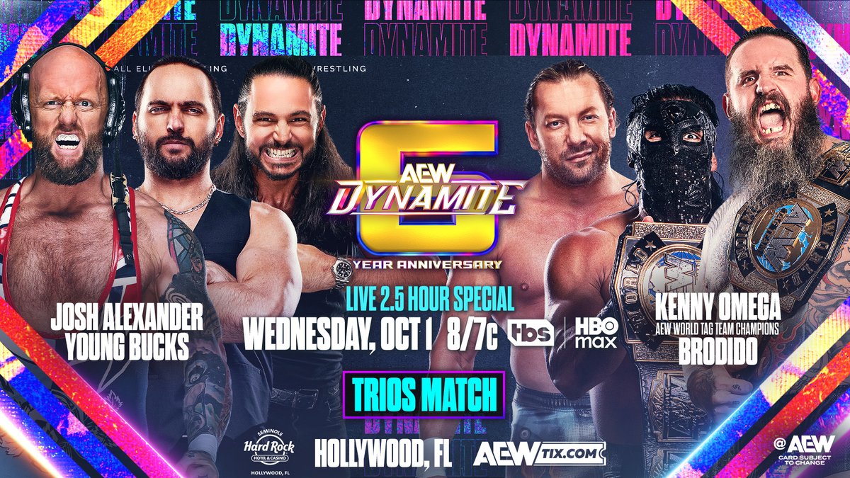 AEW's tweet image. Tomorrow, 10/1!
#AEWDynamite
8pm ET/7pm CT, TBS + HBO Max
6-Year Anniversary Show

@Walking_Weapon/@YoungBucks vs AEW World Tag Team Champions @Brodyxking/@bandidowrestler + @KennyOmegamanX

Kenny Omega’s BACK
teaming with Brodido
vs Josh Alexander + Young Bucks
TOMORROW!