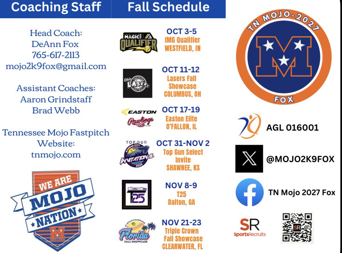 TN Mojo 2027 Fox (@mojo2k9fox) on Twitter photo Ready to start our fall season! Lots of talented 2027s and 2028s fill this roster. The recruiting journey continues and the grind never stops. #YouOweYou <a href="/TnMojoFastpitch/">Tennessee Mojo fastpitch</a>
<a href="/ExtraInningSB/">EXTRA INNING SOFTBALL</a> <a href="/LegacyLegendsS1/">Legacy & Legends Softball</a> <a href="/LineDsoftball/">Line Drive Media</a> <a href="/BrenttEads/">Brentt Eads</a> <a href="/fastpitchwatch/">Fastpitch Watch</a> <a href="/PrepSoftball/">Prep Softball 🥎</a> <a href="/SoftbalAmerica/">Softball America</a> Ready to start our fall season! Lots of talented 2027s and 2028s fill this roster. The recruiting journey continues and the grind never stops. #YouOweYou <a href="/TnMojoFastpitch/">Tennessee Mojo fastpitch</a>
<a href="/ExtraInningSB/">EXTRA INNING SOFTBALL</a> <a href="/LegacyLegendsS1/">Legacy & Legends Softball</a> <a href="/LineDsoftball/">Line Drive Media</a> <a href="/BrenttEads/">Brentt Eads</a> <a href="/fastpitchwatch/">Fastpitch Watch</a> <a href="/PrepSoftball/">Prep Softball 🥎</a> <a href="/SoftbalAmerica/">Softball America</a>