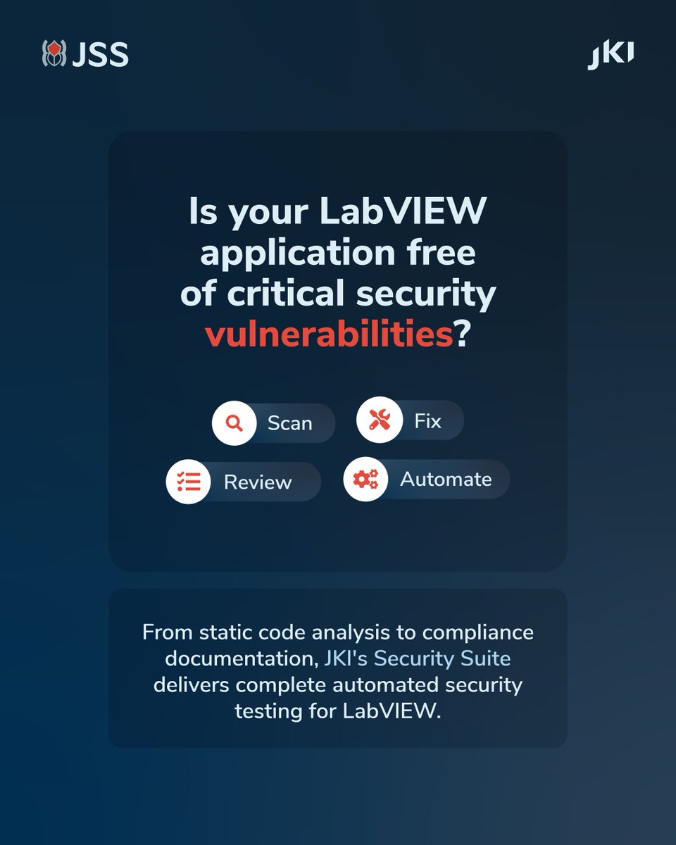 jkisoftware's tweet image. Is your LabVIEW application free of critical security vulnerabilities?

Mission-critical software requires rigorous security validation, especially in defense, aerospace, and critical infrastructure sectors.

Want to know more? forms.clickup.com/36213189/f/12h…