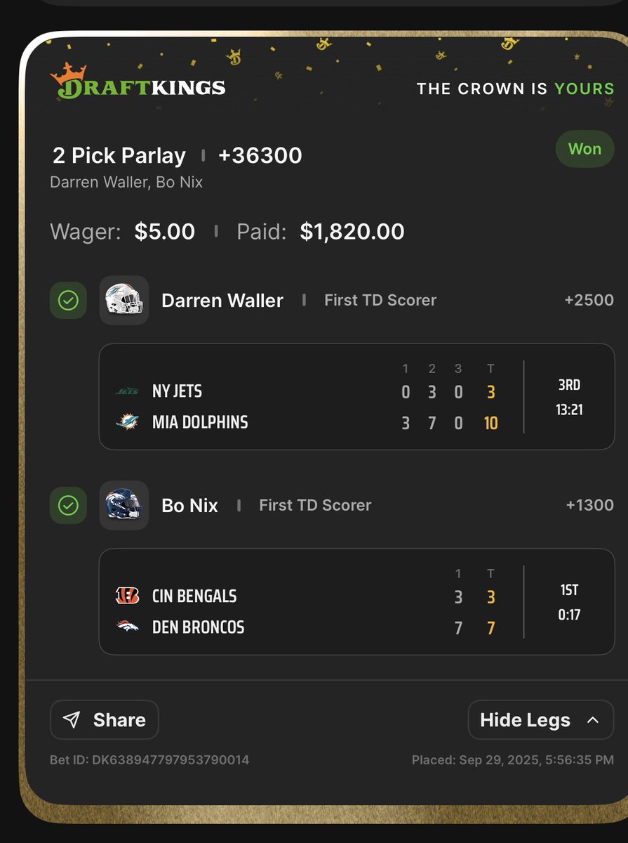 Knetzy's tweet photo. Crazy first TD parlay hit tonight!! @DKSportsbook https://t.co/Dl0WZD38pT
