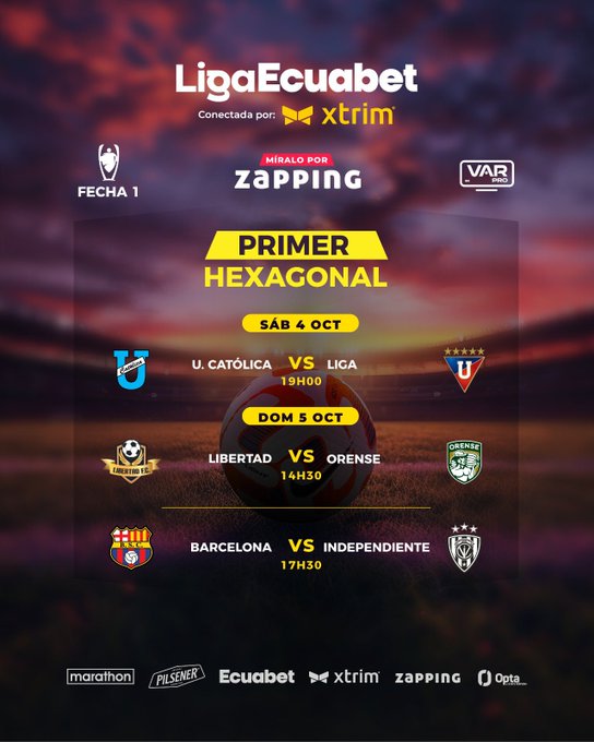 A poster displaying soccer match schedules for the Liga Ecuabet Hexagonal Final. It includes four matchups: U. Católica vs L.D.U. Quito at 19h00, S.D. Aucas vs L.D.U. Quito at 19h00, C.S. Emelec vs Orense at 14h30, and Barcelona S.C. vs Independiente del Valle at 17h30. Logos of the teams and a soccer ball are visible, along with text for sponsors and the event name.