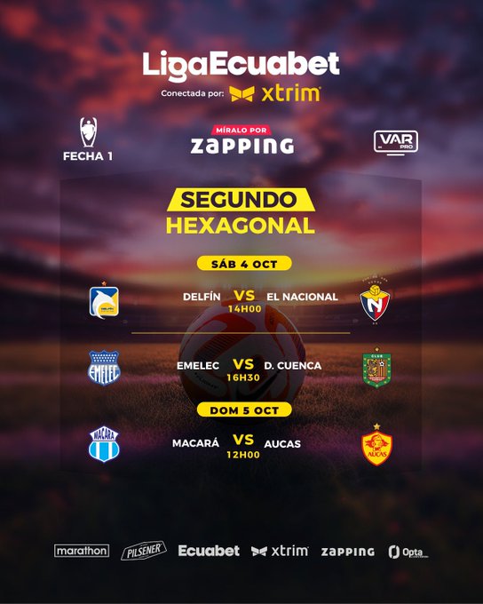 A poster displaying soccer match schedules for the Segundo Hexagonal Final of Liga Ecuabet. It shows three matches: Delfín vs El Nacional at 14:00, Emelec vs Deportivo Cuenca at 16:30, and Macará vs Aucas at 12:00, all on specific dates in October. Logos of the teams Delfín, El Nacional, Emelec, Deportivo Cuenca, Macará, and Aucas are visible, along with text indicating the use of VAR and sponsors like Marathon, Pilsener, and Xtrim.