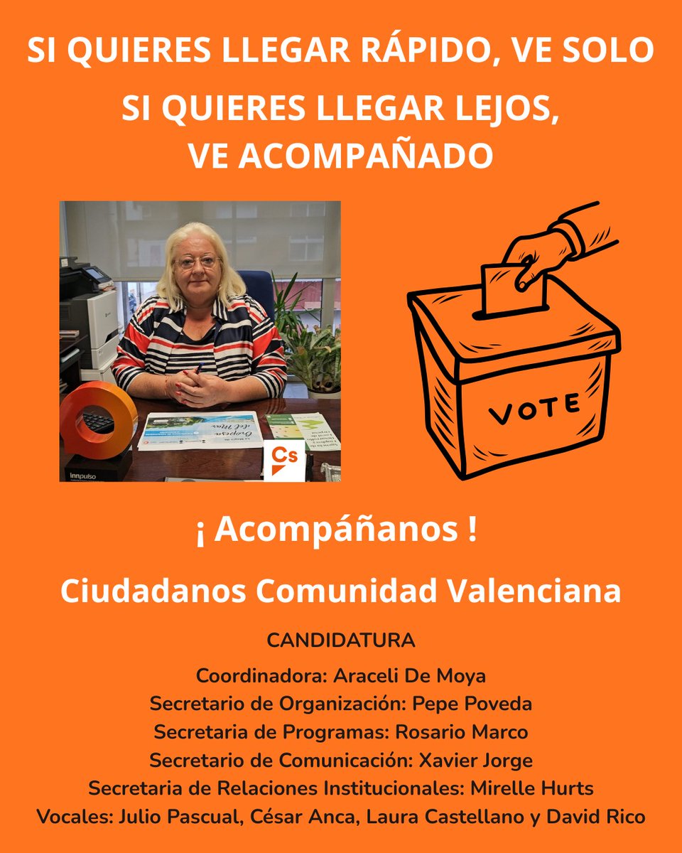 Este mensaje es para los afiliados de <a href="/CiudadanosCs/">Ciudadanos 🇪🇸🇪🇺</a> de la #CsComunidadvalenciana
Me presento como Coordinadora Autonómica  en esta candidatura a la directiva del Comité autonómico.
Pero no me presento sola, sino con un excelente #EquipoNaranja