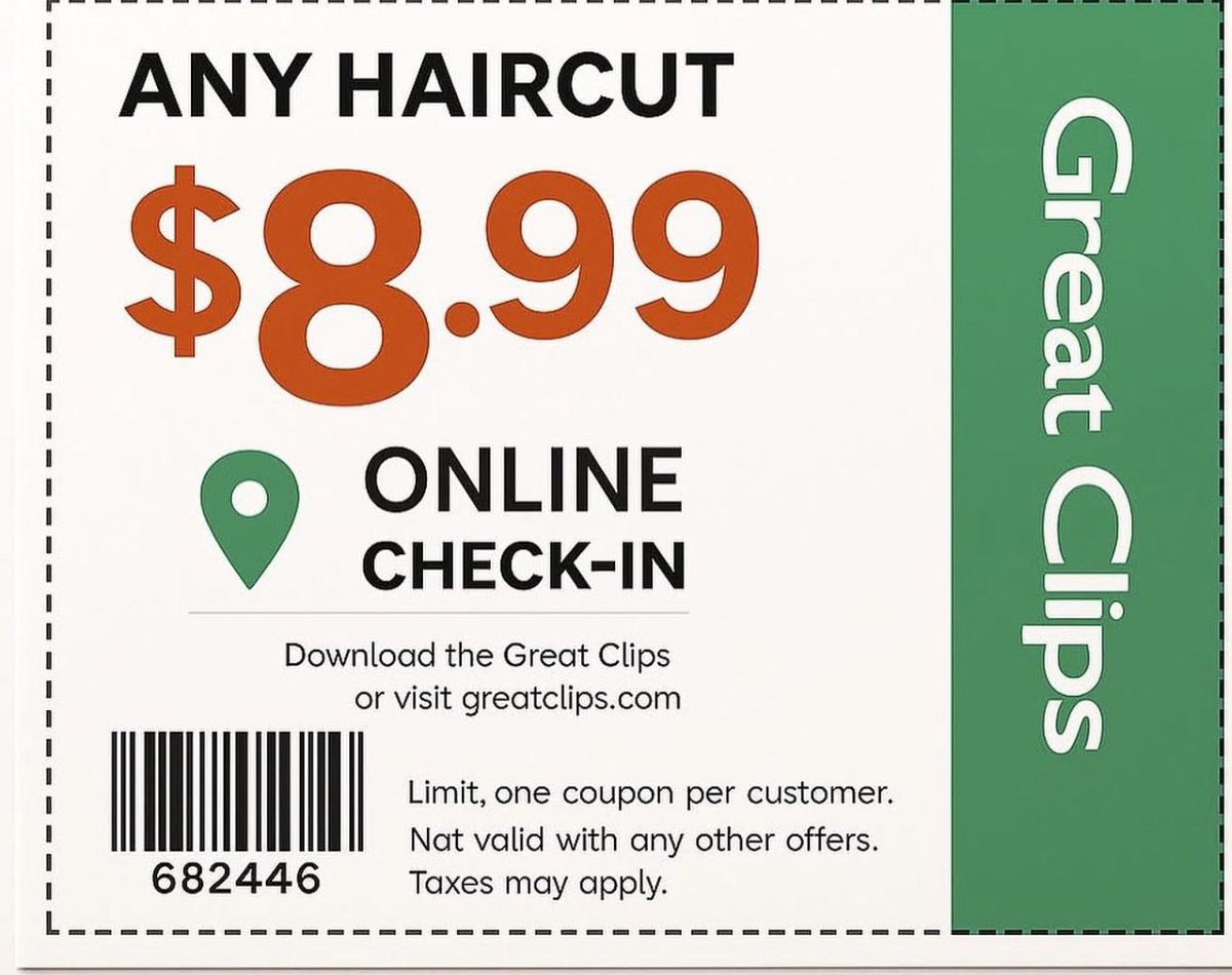 ubereatscode26's tweet image. $8.99 Great clips Coupons (100% NEW) - OCT 2025 pin.it/4KLDVkcKY

Click on link above to find all the newest great clips coupons codes $5 off, $6.99, $7.99, $9.99 and many more printable coupons &amp;amp; deals.
#greatclipscoupons #haircut #deals #printable