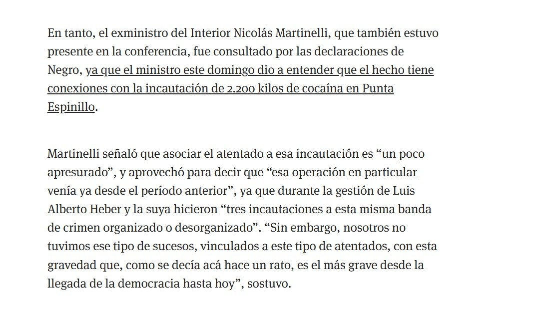 🔴 RARO, ES RARO

✔️Anoche el ex ministro Martinelli le dijo a los periodistas que no creía que el atentado contra Mónica Ferrero estuviera relacionado con las últimas incautaciones narcos de los Fernández Albín.

✔️Hoy el ex ministro Martinelli le cuenta a Búsqueda que él