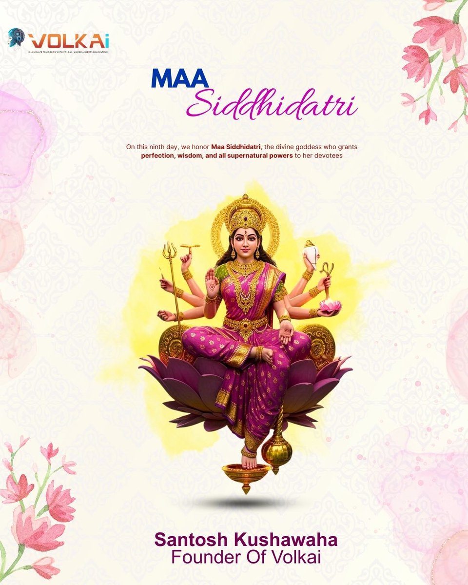 santoskumar1987's tweet photo. Day 9 of Navratri – Worshipping Maa Siddhidatri 🌸
On this auspicious day, we honor Maa Siddhidatri, the divine goddess who grants perfection, wisdom, and all supernatural powers to her devotees. 🙏✨

 Seated on a lotus and radiating divine energy, Maa Siddhidatri symbolizes ultimate knowledge, success, and spiritual fulfillment.
May her blessings bring happiness, prosperity, and enlightenment into your life. 🌼💛
 जय माता दी! 🌺
#Navratri2025 #MaaSiddhidatri #Day9Navratri #DivineBlessings #FestiveVibes #SpiritualJourney #GoddessPower #FestiveSeason #JoyAndProsperity #MataDiKiJai #IndianFestivals #CelebrateNavratri #NavratriVibes #volkai #explore #ai