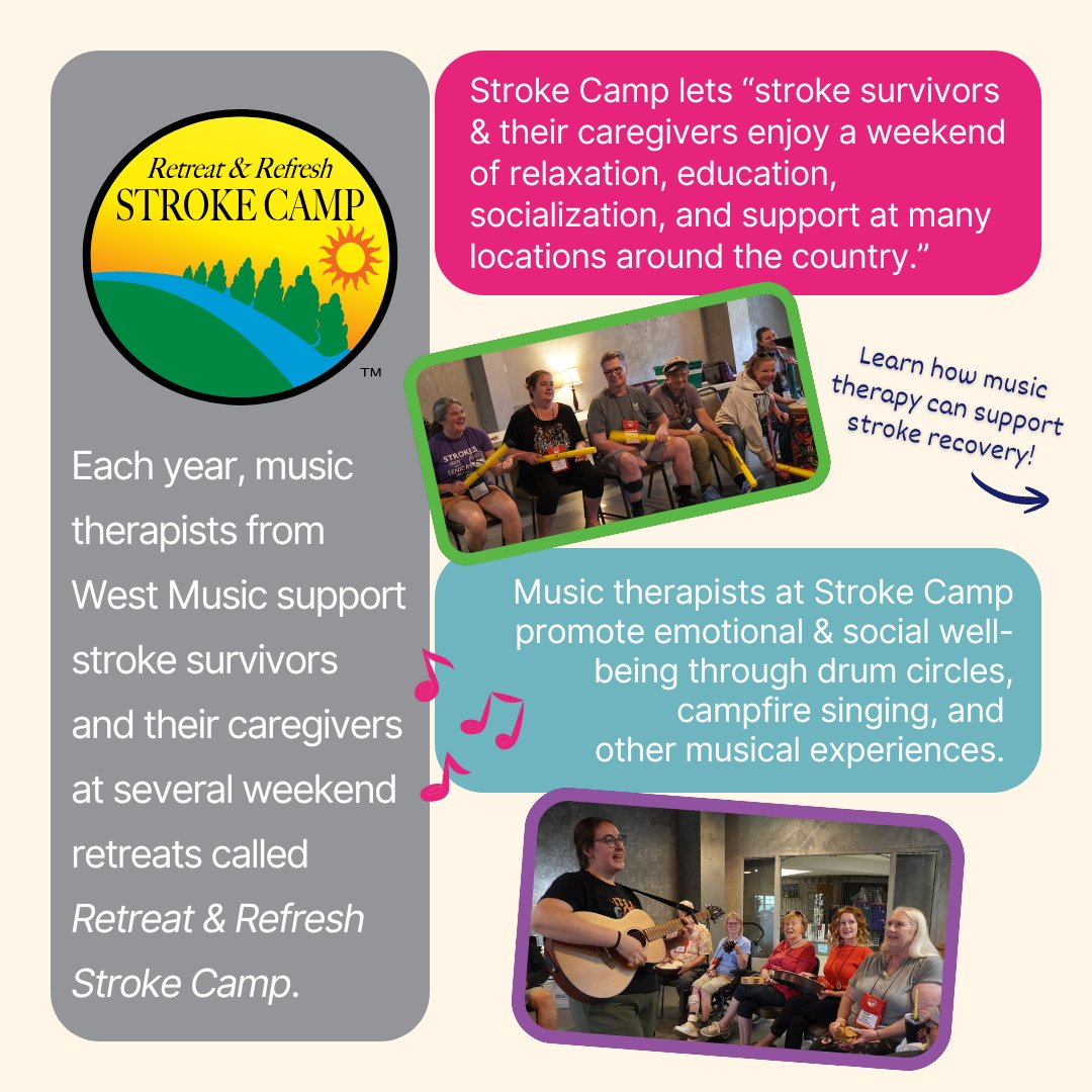 WestMusic's tweet image. Music therapy supports healing after stroke.
West Music partners with Retreat & Refresh Stroke Camp to bring music experiences to survivors & caregivers at weekend retreats. 🎶💜
#StrokeRecovery #MusicTherapy #MusicTherapy Monday #StrokeCamp #WestMusic