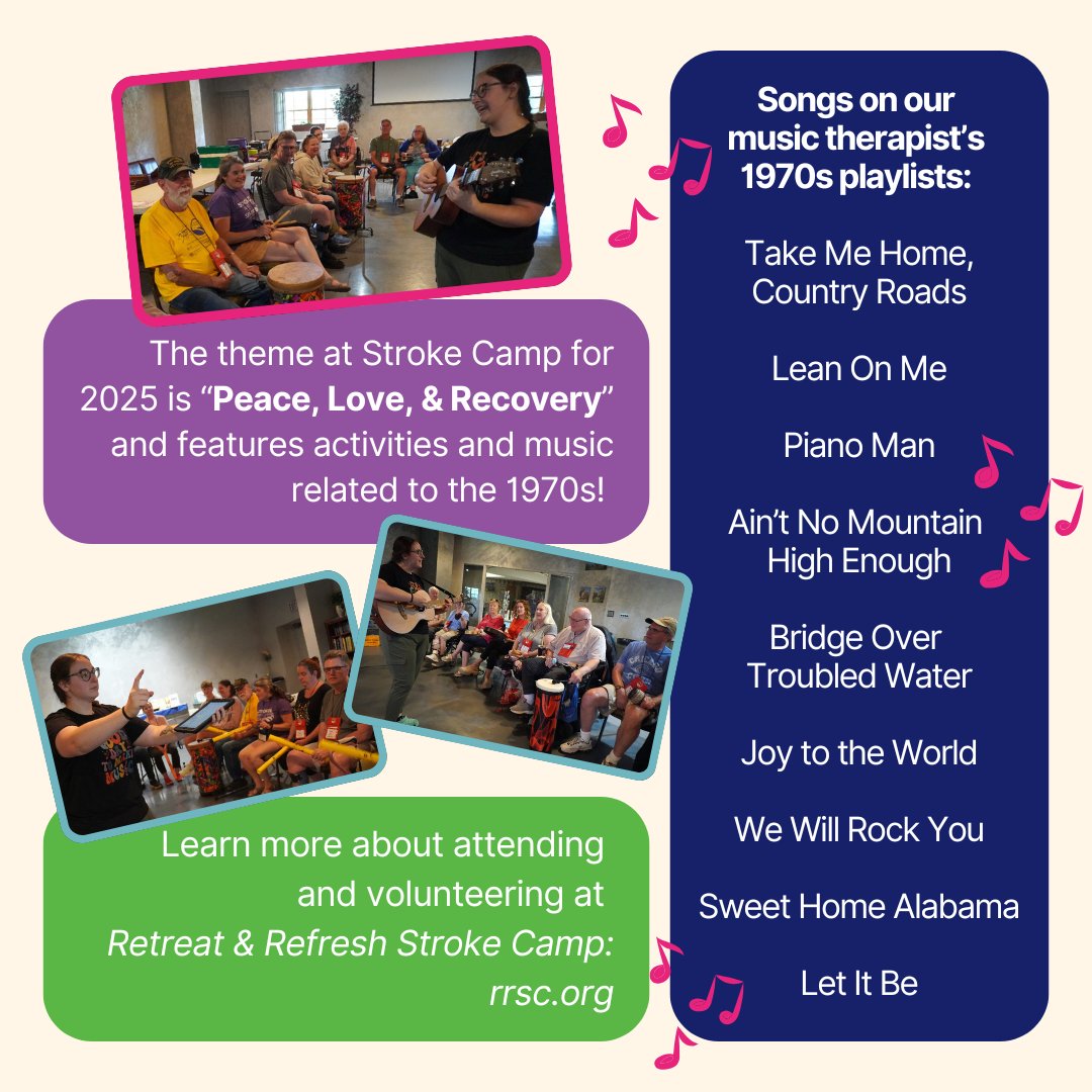 WestMusic's tweet image. Music therapy supports healing after stroke.
West Music partners with Retreat & Refresh Stroke Camp to bring music experiences to survivors & caregivers at weekend retreats. 🎶💜
#StrokeRecovery #MusicTherapy #MusicTherapy Monday #StrokeCamp #WestMusic