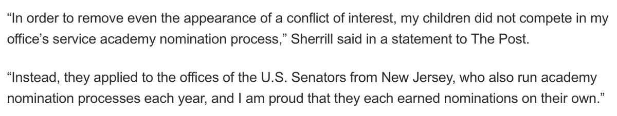 Matt Rooney (@mattrooneynj) on Twitter photo So now <a href="/MikieSherrill/">Mikie Sherrill</a> wants us to believe her position as a N.J. Democrat Congresswoman had NOTHING to do with the fact that BOTH N.J. Democrat Senators nominated her kids for the Naval Academy?
Riiiight.
This lady is wildly shameless. nypost.com/2025/09/29/us-… So now <a href="/MikieSherrill/">Mikie Sherrill</a> wants us to believe her position as a N.J. Democrat Congresswoman had NOTHING to do with the fact that BOTH N.J. Democrat Senators nominated her kids for the Naval Academy?
Riiiight.
This lady is wildly shameless. nypost.com/2025/09/29/us-…
