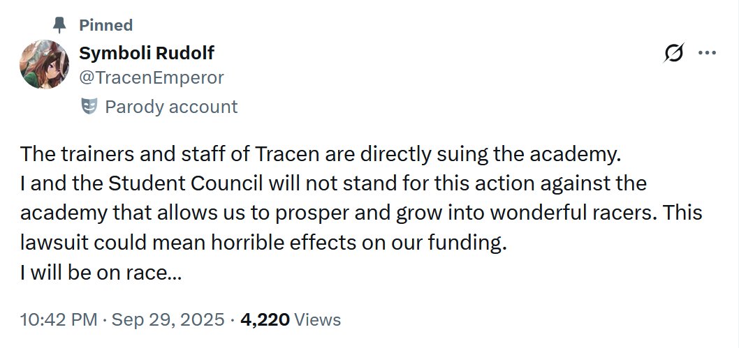 OtonashiTwinkle's tweet photo. However, another movement is denouncing its actions. Headed by Symboli Rudolf, the #SaveTracen movement argues that this lawsuit would have worse effects on the academy, and that there is still hope for Tracen Tokyo. (2/3) https://t.co/ITjjhaXhWo