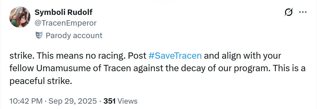 OtonashiTwinkle's tweet photo. However, another movement is denouncing its actions. Headed by Symboli Rudolf, the #SaveTracen movement argues that this lawsuit would have worse effects on the academy, and that there is still hope for Tracen Tokyo. (2/3) https://t.co/ITjjhaXhWo