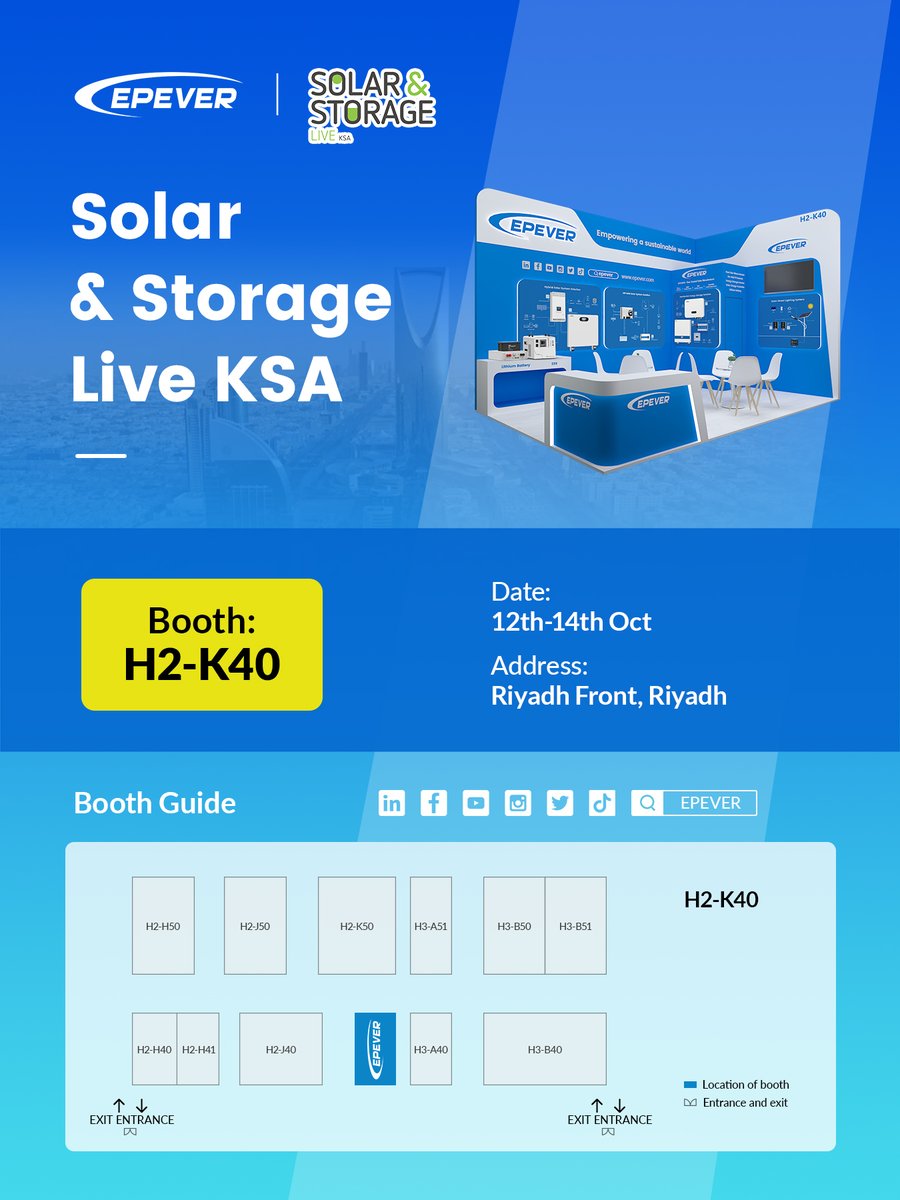 🌞We’re heading to Riyadh! <a href="/solarshowksa/">Solar & Storage Live - Riyadh Front</a> 
Catch us at Solar &amp; Storage Live KSA 2025 where we’re showcasing our latest on-grid and off-grid solar solutions ⚡
📍𝐁𝐨𝐨𝐭𝐡: 𝐇𝟐-𝐊𝟒𝟎 | 𝐑𝐢𝐲𝐚𝐝𝐡 𝐅𝐫𝐨𝐧𝐭
📅𝐃𝐚𝐭𝐞: 𝟏𝟐–𝟏𝟒 𝐎𝐜𝐭𝐨𝐛𝐞𝐫
See you there!
#EPEVER