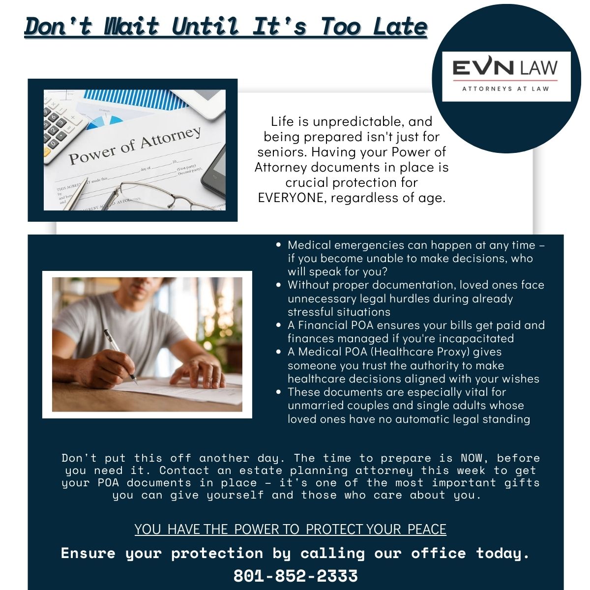 EVNLawUtah's tweet image. Don't Wait  🚨
#willsandtrusts #advanceddirective #estateplanning #medicalpowerofattorney #medicalhealthdirective 
#notary #notarypublic #elderlawattorney #medicaidassetprotectiontrust #powerofattorney #daviscountyattorney #probate #litigation #contract #EVNLaw