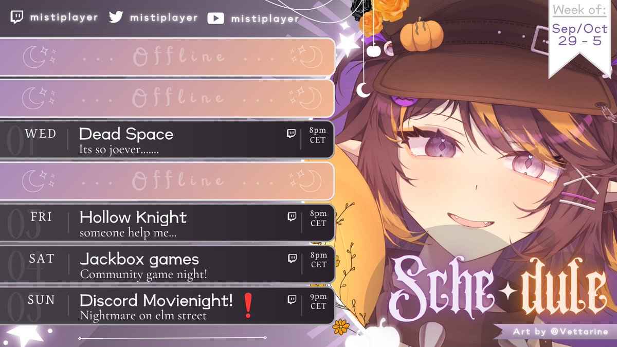 Schedule of this week! 🧡
🗓️September 29 - October 5

ITS FINALLY SPOOPY MONTH!👻

🎨Art by: @/Renou