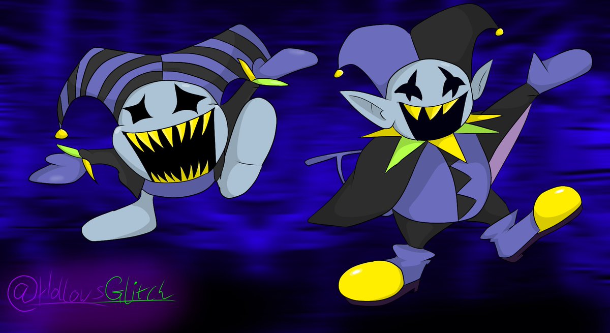 HollowsGlitch's tweet photo. So apparently Jevil had some weird looking design before he got turned into the one we know today, so I thought why not draw him next to his final design

#deltarune #deltarunechapter1 #jevil #secretboss #fanart #shadowcrystal #deltaruneart https://t.co/xqNMYtdodU