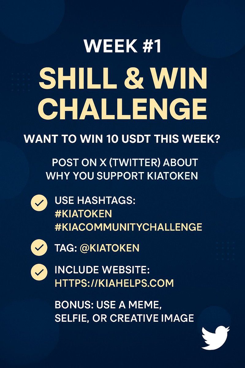 KiaToken's tweet photo. 🚨KIATOKEN WEEK #1🚨 ACTIVITY — SHILL & WIN CHALLENGE 😵
💰 WANT TO WIN 10 USDT THIS WEEK?
Here’s your chance to speak out, show your support, and get rewarded!
🗓 Week #1 Theme: SHILL ON X (Twitter)
🐦Create a short post (tweet) about why you support KIATOKEN and share it on X (Twitter) by following the steps below:
✅ Use these hashtags:
#KIATOKEN #KIACommunityChallenge
✅ Tag our official account:
🔗 @KiaToken
✅ Include our website:
🌐 https://t.co/ReI9hjrMNN
🌐 https:https://t.co/HZI06v24oz
✅ Be creative!
Use a meme, selfie, quote, or even a short video to boost your chances!
📷 IMPORTANT – Submit Your Entry:
After posting on X, take a screenshot of your post and
➡️ Share it in our Telegram group: https://t.co/aojl4lnZK1
This helps confirm your entry and makes it easy for the community to cheer you on!
🏆 REWARDS:
🥇 1 Winner = 10 USDT
📣 Winner will also be featured on our social media!
🗓 DEADLINE:
🎰 Sunday, October 6th, 2025 at 11:59 PM UTC
📣 Winner announced on Monday, October 7th
Let’s show the world the power of #KIATOKEN ❤️
Ready, set… SHILL! 🚀
#KIACommunityChallenge #CryptoGiveaway #Web3Community