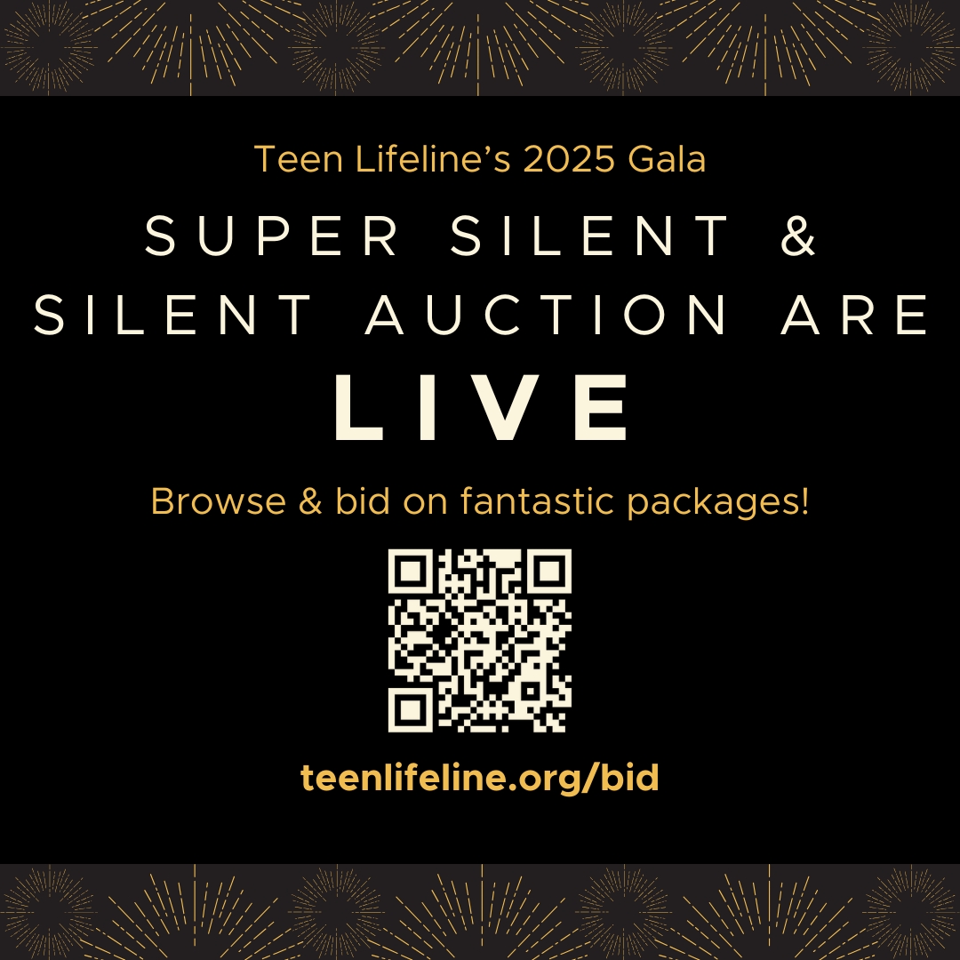 Our silent auction opened today! teenlifeline.org/bid

Bidding is a simple way to support our teen suicide prevention work—and win great items. Closes Monday, Oct 6 at 11 am.

Please share with anyone who may be interested. Thank you for supporting our life-saving work💛