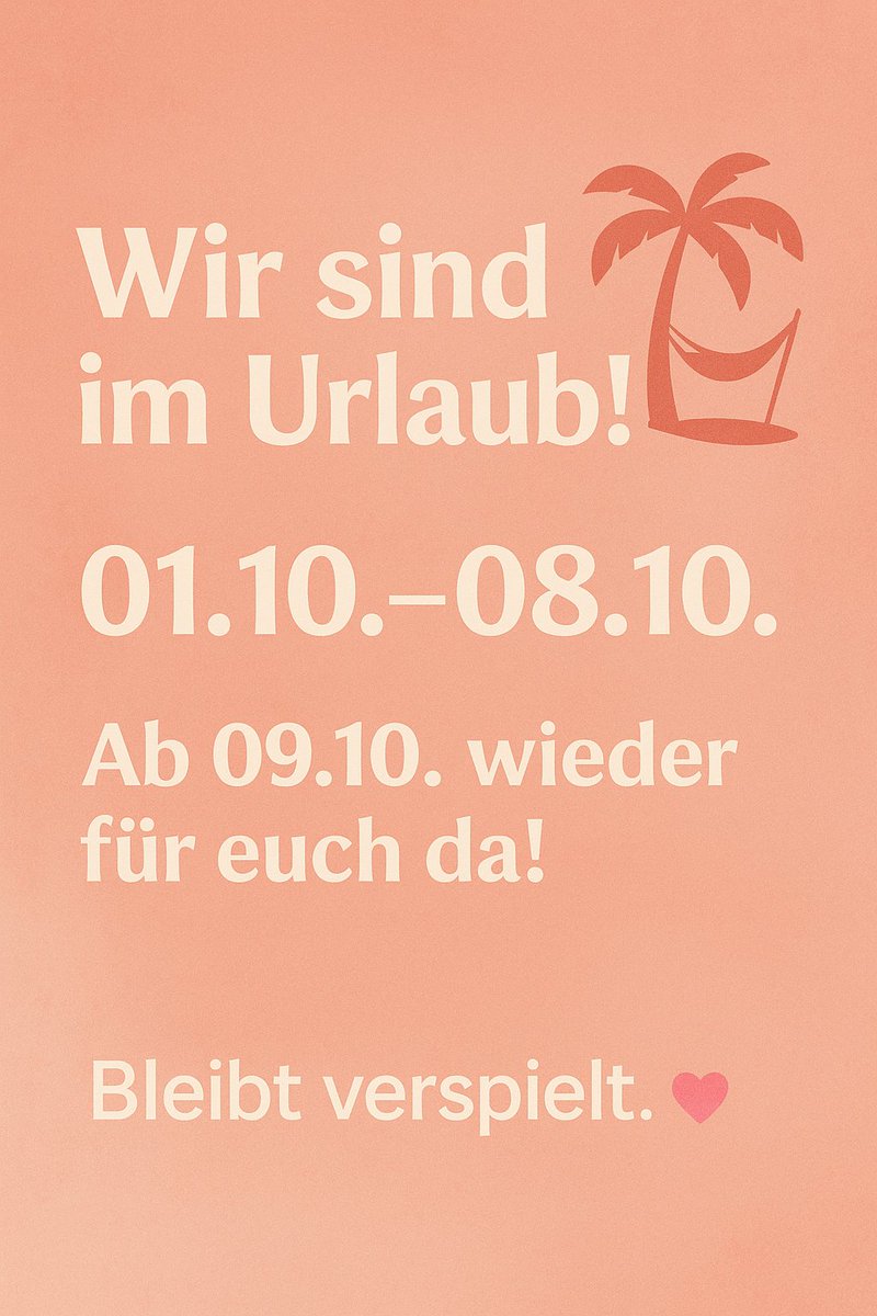 Feiertagspause! 🚨
Vom 01.10.–08.10. sind wir kurz offline – Zeit für Erholung (und vielleicht ein bisschen private Fun-Time 😏).
Ab dem 09.10. sind wir wieder da 👉 mit neuen Updates, Aktionen &amp; Toys, die euch garantiert zum Lächeln bringen. 💕

Bis bald &amp; bleibt verspielt! ✨